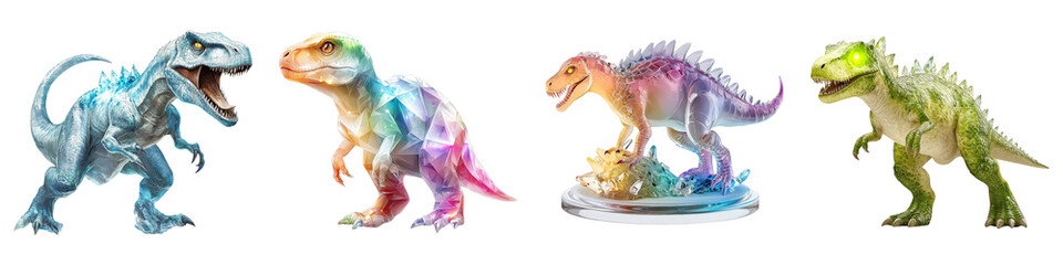 dinosaur fantasy on Transparent Background concept. A collection of colorful dinosaur figurines, each displaying unique features and poses, showcasing their prehistoric charm.