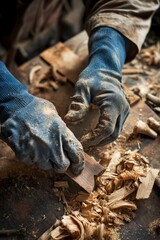 Obraz premium Skilled Carpenter Shaping Wood: Close-Up of Hands in Blue Gloves Working with Shavings and Tools on Rustic Workbench