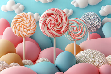 Colorful lollipops and a candy land background with clouds. Pastel colors. Fantasy sweet world concept.