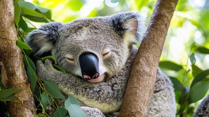 Obraz premium A koala resting peacefully on a tree branch among green leaves.