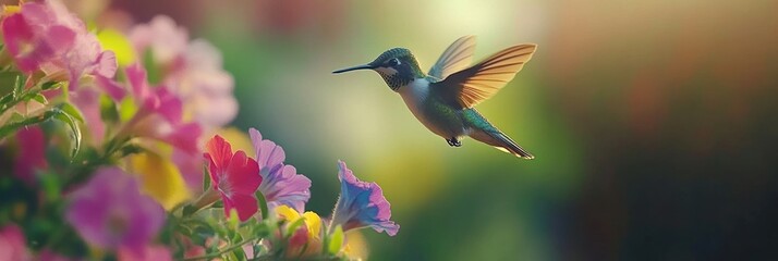 Obraz premium A hummingbird hovering near colorful flowers in a serene garden setting.