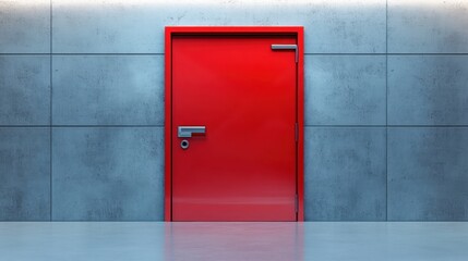 Bright Red Door in Modern Industrial Setting Against Concrete Wall, Symbolizing Opportunity, Change, and Entrance to New Possibilities