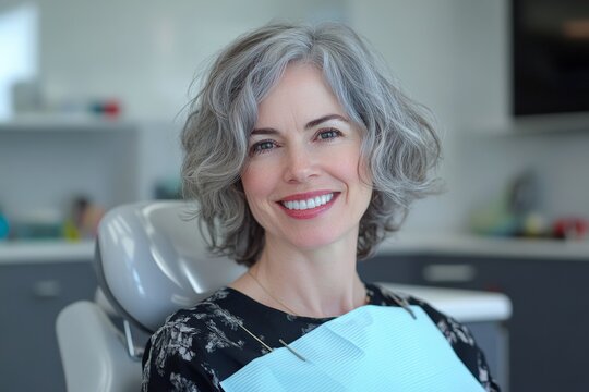 Smiling Middle-Aged Woman in Dental Chair with Gray Hair, Enjoying a Positive Visit to the Dentist in a Modern Clinic Setting