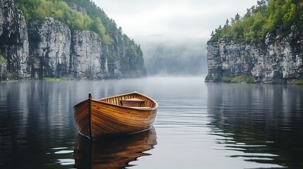 Obraz premium A traditional wooden boat floating on a calm river with a backdrop of steep cliffs