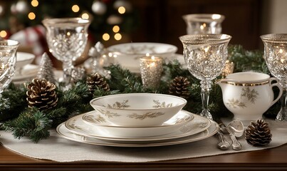 Elegant Christmas dinner table setting with gold-rimmed china, crystal glassware, and pine cone decorations.