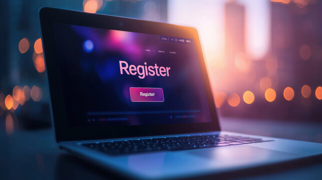 A laptop displaying a colorful 'Register' button, symbolizing online registration and digital engagement in a vibrant workspace.