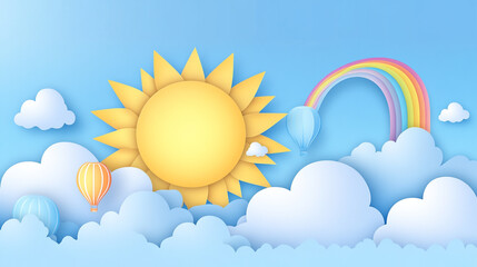 Bright sunny day with hot air balloons and a rainbow above fluffy clouds