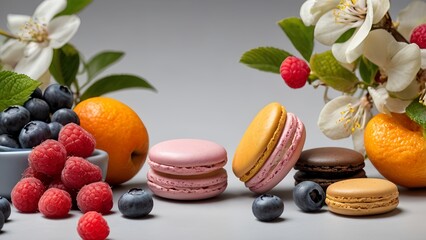 Vibrant macarons surrounded by fresh fruits like raspberries and blueberries, complemented by orange blossoms and vanilla orchids. set against a minimalist background that highlights the colors