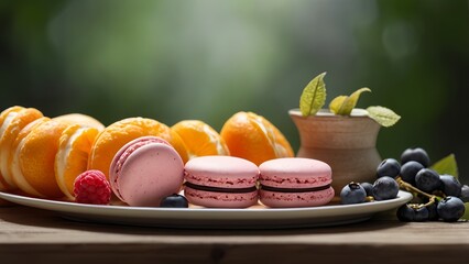 Vibrant macarons surrounded by fresh fruits like raspberries and blueberries, complemented by orange blossoms and vanilla orchids. set against a minimalist background that highlights the colors