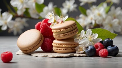 Vibrant macarons surrounded by fresh fruits like raspberries and blueberries, complemented by orange blossoms and vanilla orchids. set against a minimalist background that highlights the colors
