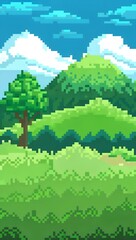 Obraz premium Grassy hill with trees and mountains during daytime pixel art background. 8-bit game assets