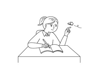 ADHD girl writing and having a short attention span and being easily distracted, outline cartoon.
