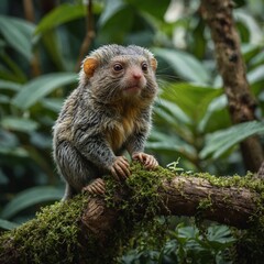 A pygmy marmoset clinging to a tree trunk surrounded by exotic plants.

