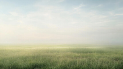 A quiet, foggy morning over a wide-open field with a soft, ethereal quality