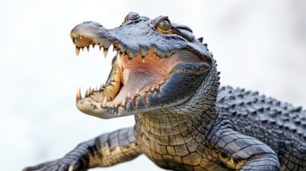 Obraz premium A fierce crocodile with its mouth wide open, showcasing sharp teeth and rugged scales, highlighting its predatory nature.