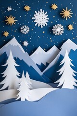 Obraz premium Winter Wonderland Paper Cut Art with Snowflakes, Stars, and Mountains â€“ Creative Holiday Decor Concept for Seasonal Greeting Cards and Crafts