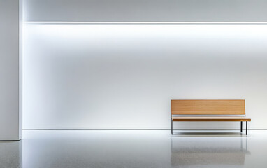 Obraz premium Minimalist interior design featuring wooden bench against bright wall in modern space