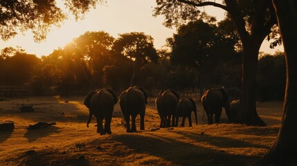 Majestic Elephants Walking into Sunset in a Tranquil Landscape Surrounded by Trees and Warm Golden Light at Dusk in Natural Habitat