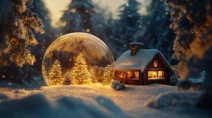 A rustic cabin surrounded by snow-covered trees is highlighted by a snow globe. The cabin glows warmly in the soft, golden light as the snow gently falls.