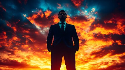 Obraz premium Silhouette of a confident man in a suit against a vibrant sunset sky.
