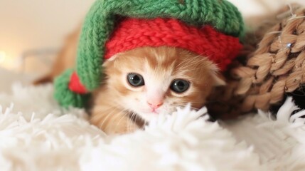 dorable kitten in elf hat, Christmas theme, cute pet photography, adorable and cuddly cat sitting on white fluffy blanket, lovely cat portrait, adorable baby animal