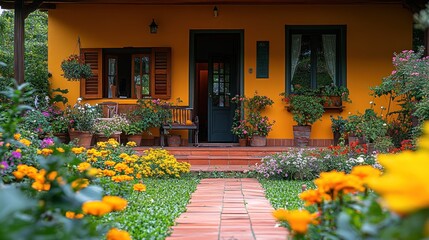 Vibrant Yellow House with Lush Garden Path