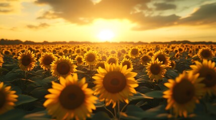 Obraz premium Vibrant sunflower field basking in golden sunset light.
