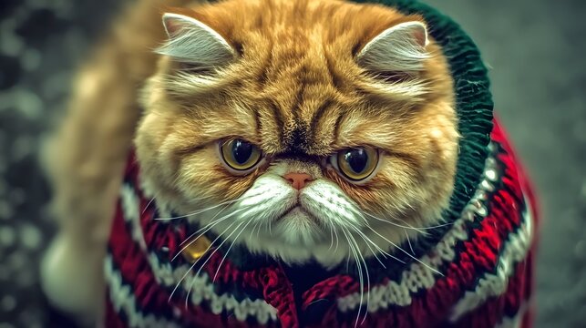 cute funny grumpy fluffy cat wearing christmas sweater