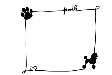 Hand-drawn square frame with decorative elements on its border, including a heart, a poodle silhouette, and a paw print