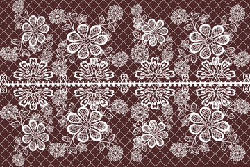 pWhite seamless geometric lace pattern, brown mesh background. Vector illustration. Curtain. Fashion clothing.attern