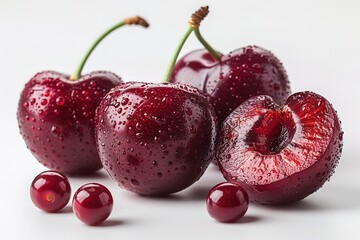 A close up of four cherries with one of them cut open
