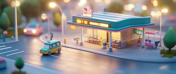 Obraz premium A colorful miniature scene of a diner with a car on a road, illuminated by soft lights.