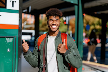 A young man wearing a green jacket and red backpack is smiling