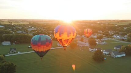 Obraz premium Colorful Hot Air Balloons Rising at Sunrise Over a Picturesque Landscape with Fields and Houses, Creating a Scenic Aerial View of a Vibrant Sky and Serene Setting