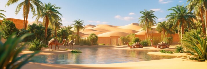 A serene desert oasis with palm trees, camels, and tranquil water.