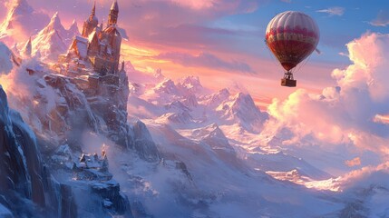 Majestic Hot Air Balloon Floating Over Snowy Mountains and Enchanted Castle at Sunset in a Serene Fantasy Landscape