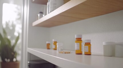 Empty medicine cabinet shelves reveal a life free from dependency, symbolizing health and self-reliance. Emptiness as a sign of wellness and proactive lifestyle choices.