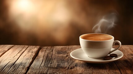 Fototapeta premium A warm cup of coffee resting on a rustic wooden table.