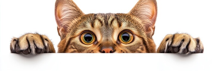 Fototapeta premium A curious cat peeking over a white surface, showcasing its expressive eyes and paws.
