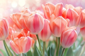 Pink tulips inliving coral tints at blurry background, closeup. Fresh spring flowers in the garden with soft sunlight for your horizontal floral poster, wallpaper or holidays card.
