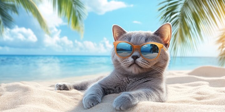 British Shorthair cat dressed for the beach, wearing sunglasses4