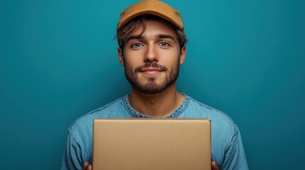 Delivery Man Holding a Package Against a Teal Background