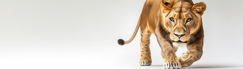 Obraz premium A lioness stalking, wild animal, hyperrealistic, soft golden fur, isolated on white background
