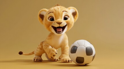Fototapeta premium A cheerful young lion cub plays with a soccer ball, exuding joy and energy.