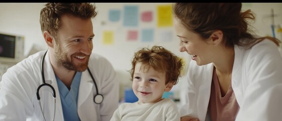 Obraz premium Happy doctors examining a cheerful toddler.