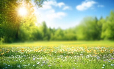 Fototapeta premium Serene Meadow with Wildflowers and Clear Blue Sky on a Sunny Spring Day