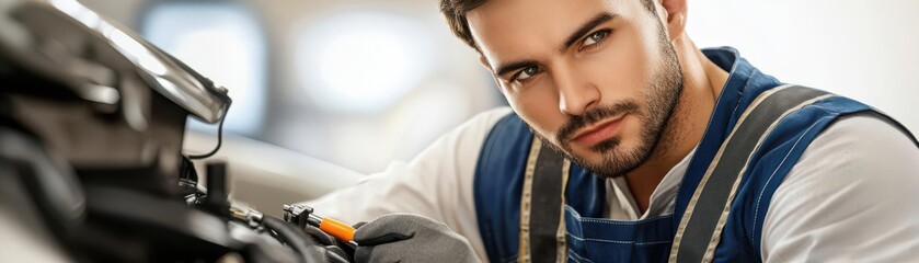 Fototapeta premium A focused young mechanic with a serious expression, dressed in work attire, is engaged in repair work, showcasing expertise and professionalism.