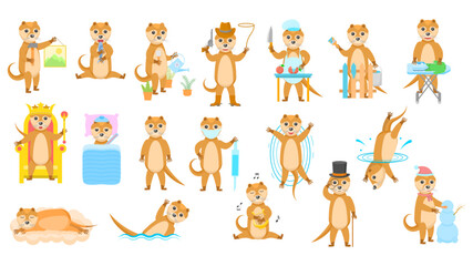 Set Abstract Collection Flat Cartoon Different Animal Otters Vector Design Style Elements Fauna Wildlife