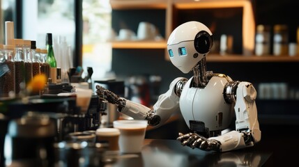 Fototapeta premium Barista AI Robot preparing latte coffee in cafe daily life.