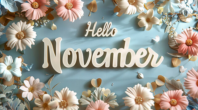 A tranquil "Hello November" message surrounded by a blend of soft and vibrant flowers against a soothing backdrop, ushering in the essence of autumn with a sense of warmth and serenity.